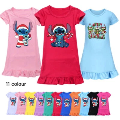 Girls Christmas Stitch Sleepwear Dress Kid Pyjamas Cozy Nightdress Nightwear Pjs - Image 1 of 4