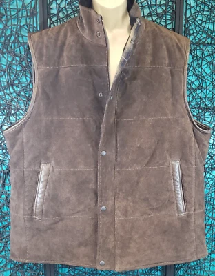 CHALECO DE CUERO ROUNDTREE & YORKE PARA HOMBRE 3XL ALTO CREMALLERA COMPLETA FORRADO A PRESIÓN MARRÓN Y2K PAPÁ Foto 1 de 4