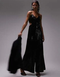 Topshop Womens Embellished Cut Out Jumpsuit In Black RRP £95 - Picture 1 of 22