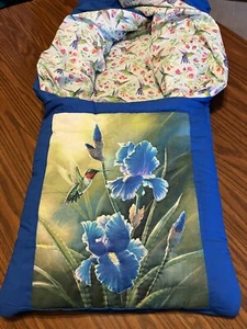 New Homemade Hummingbird With Irises Quillow (Pillow w/ 6ft long quilt inside!) - Picture 1 of 1