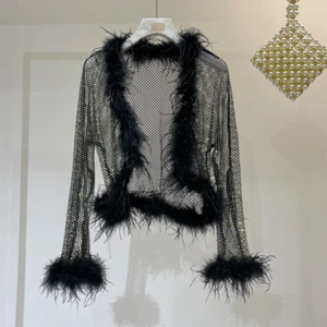 Women Rhinestone Sheer Shrug Cardigan Crop Tops with Feather Trim Shawl Coat - Picture 1 of 16