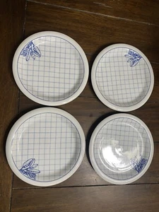 Rare 10" Modern Herb Fine Porcelain Japan Dinner Plate Set Of 4 White Blue Lines - Picture 1 of 8