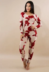 Women Burgundy Floral Ribbons Stretchy Sheer Jumpsuit w/Back Zip. Size SMALL. - Picture 1 of 2