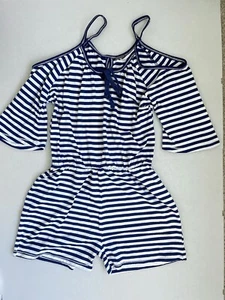 Poof Girl Striped White Blue Short Romper Jumpsuit Size S 6-7 Off Shoulder Strap - Picture 1 of 9