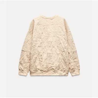 Sudadera Pullover Zara Beige Arrugado Cuello Redondo Manga Larga Talla Pequeña Foto 1 de 4