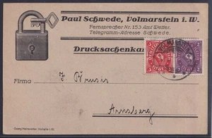 75838) VOLMARSTEIN Westfalen 1922 Reklame Postkarte nach Arnsberg - Picture 1 of 2