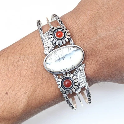 Антикварные ювелирные браслеты-манжеты с дендритным опалом и драгоценными камнями 7 дюймов регулируемые - Изображение 1 из 4