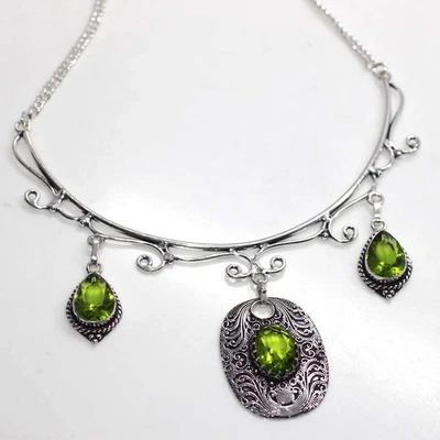 925 Silver Plated Super Deal Peridot Vintage Necklace Size 13" AU y984 - Image 1 of 3