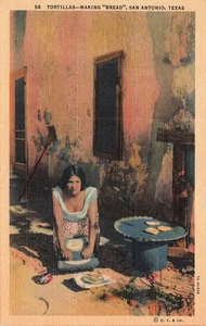 SAN ANTONIO TX WOMAN MAKING TORTILLA 1938 VINTAGE LINEN POSTCARD 081125 U - Picture 1 of 2
