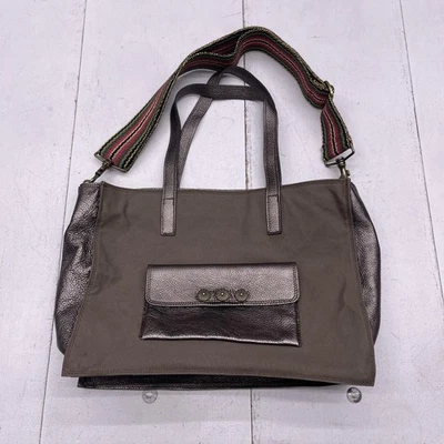 Caterina Lucchi Tote Bag Womens Olive Canvas Bronze Leather Zip Made in Italy - Image 1 of 4