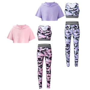 Kids Girl's Crop Top With Pants Dance Tracksuits Modern Sweatsuit Jogging Jazz - Picture 1 of 22
