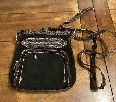 Small Leather Coldwater Creek Crossbody Purse Black W/brown Trim Suede RN98615 - Image 1 of 4