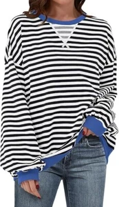 Women Striped Oversized Sweatshirt Long Sleeve Crewneck Hoodies Shirts 2024 Fall - Picture 1 of 6