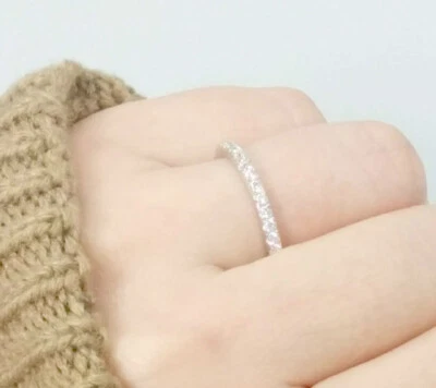 Solid Sterling Silver 2mm Stackable Thin CZ Skinny Ring Wedding Band Anniversary - Image 1 of 4