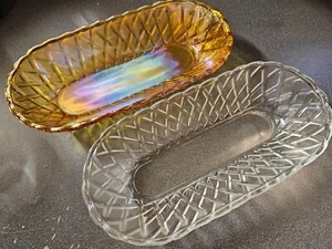 Indiana Glass Pretzel Amber Carnival Glass and Clear Oval Tray Vintage 2pc - Picture 1 of 1