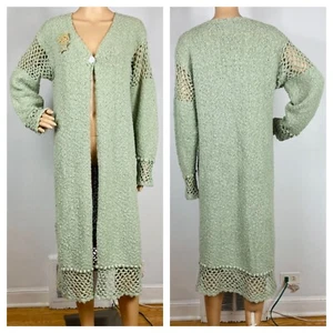 Vtg Carraig Donn Cotton & Linen Long Duster Jacket Sz L Boucle Knit Sage Green - Picture 1 of 12