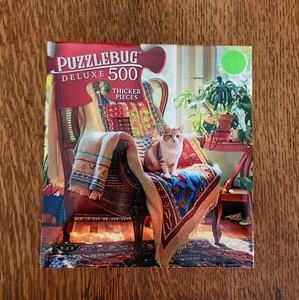 Puzzlebug Deluxe *Cozy Quilt Chair* 500 piece Jigsaw Puzzle 20x12 - NEW! Kitty - Picture 1 of 3