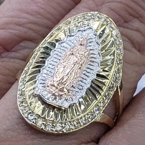 Big wide solid 14k Gold virgin Mary guadalupe Ring Size 6 7 89 10 oval - Picture 1 of 15