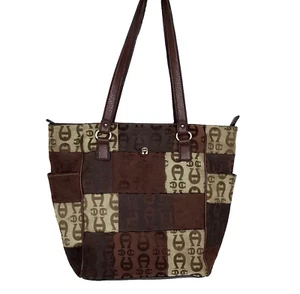 Vintage Etienne Aigner EA braun Patchwork Monogramm Logo Handtasche Boho Reißverschluss Top - Bild 1 von 15