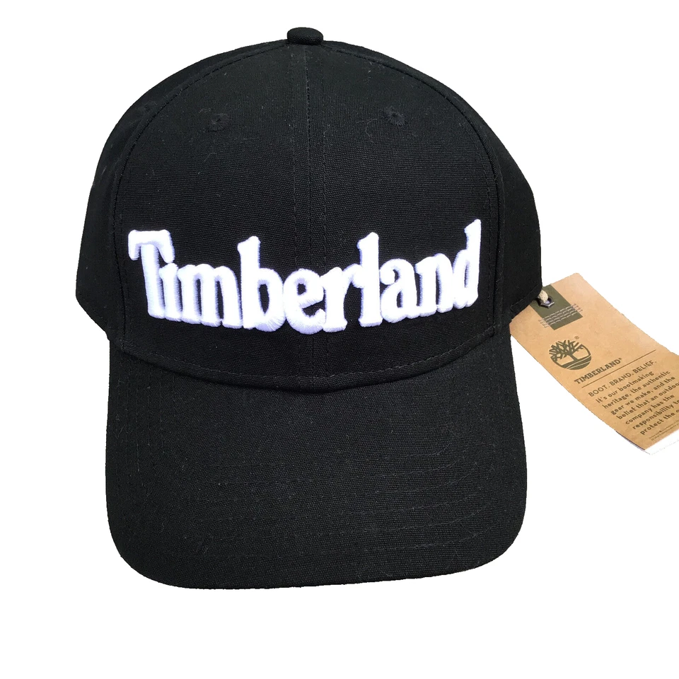 NWT Timberland Snapback Black Embroidered Baseball Hat Cap Large Print Logo - Image 1 of 4