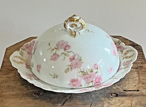 Haviland Schleiger 39C Pink Rose Round Covered Butter & Lid Strainer Has Damage - Picture 1 of 17