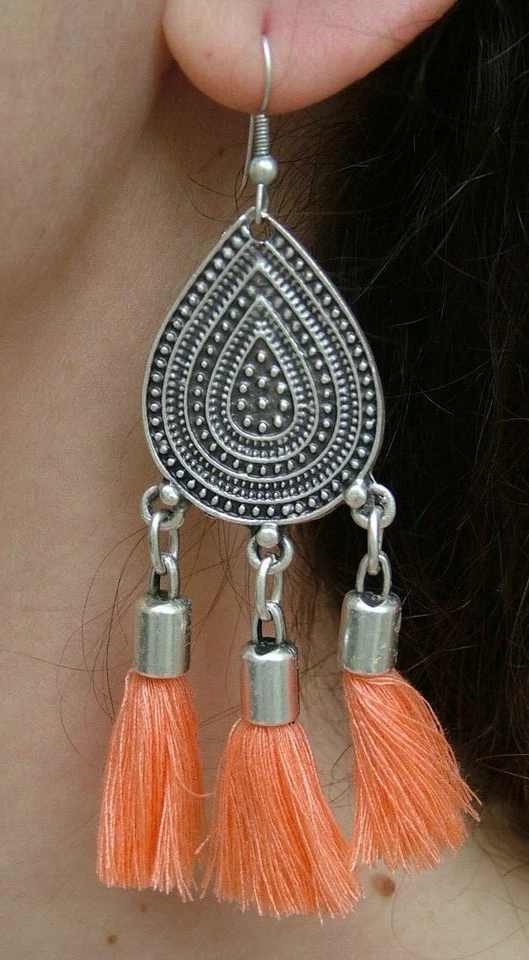 ORECCHINI PENDENTI ZAMAK ARGENTO TIBETANO NAPPINE ARANCIONE BOHO VINTAGE DARK 1L - Immagine 1 di 3