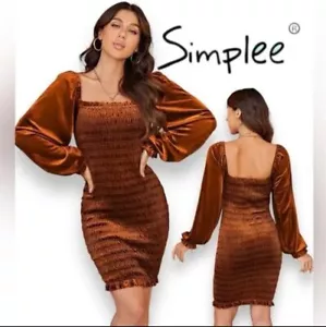 Women Bodycon Dress Orange Stretch Ruched Long Sleeve Mini Sz L New NWT Simplee - Picture 1 of 12