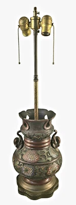Antique Asian Bronze Champleve Enamel Double Socket Elephant Handle Table Lamp - Image 1 of 4