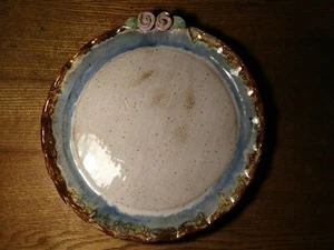 ART Studio POTTERY 12" Tray - Beige Blue Grey Glossy Glaze FLUTED Edge Signed - Picture 1 of 6