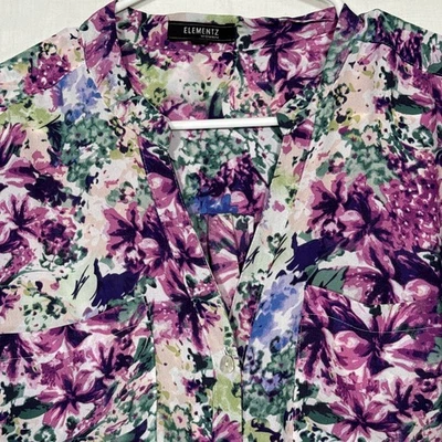 Womens  1X Button Front 3/4 Sleeve + Rollup Colorful Pink/White/Blue Blouse - Image 1 of 4