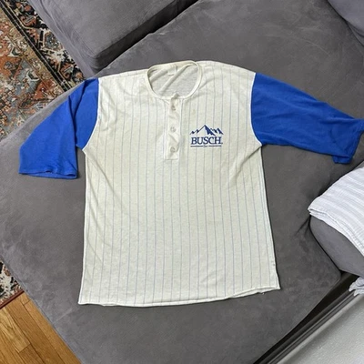 Camisa M Vintage Años 80 Manga 3/4 Busch Cerveza Raglán Henley Rayas EE. UU. Envejecida Foto 1 de 4