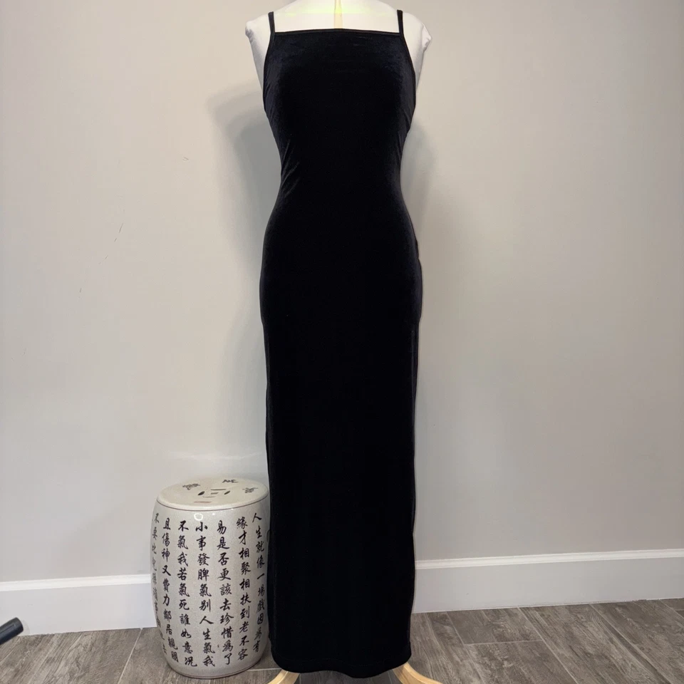 Vestido Columna Correa Espagueti Terciopelo Elástico Negro Salto Años 90 Vintage Ventilación Trasera 5/6 Foto 1 de 4