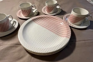 Churchill Pink Stripes & Polka Dots 12 Pc Set Dinnerware, Plates, Saucers, Cups - Picture 1 of 10