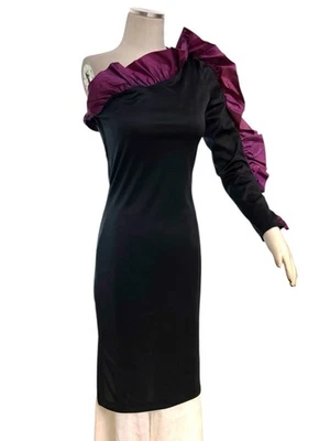 vtg fredericks of hollywood black purple ruffle one shoulder cocktail dress 7/8 - Image 1 of 4