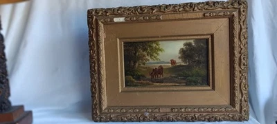 ANTIQUE HIGHLAND CATTLE IN A POND /HILLSIDE SIGNED ANTIQUE OIL PAINTING ON BOARD - Image 1 of 4