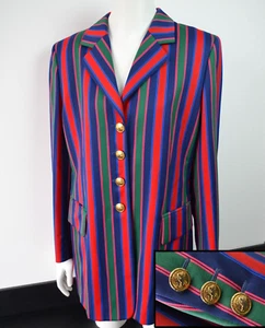 Vintage ESCADA Wool Multicolor Stripe Jacket Gold Scottie Dog Buttons M L Blazer - Picture 1 of 24