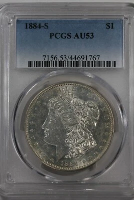 1884-S  1.00 PCGS  AU53  Morgan Silver Dollar,Miss Liberty Head Dollar, $1 - Image 1 of 2