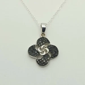 New Sterling Silver Micro Pave Black Spinel Flower 18"In Chain Pendant Necklace - Picture 1 of 9