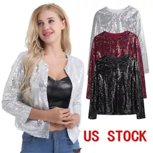 Damen Glänzende Pailletten Jacken Mäntel Langarm Vorne offen Blazer Cardigan Oberteil - Bild 1 von 33