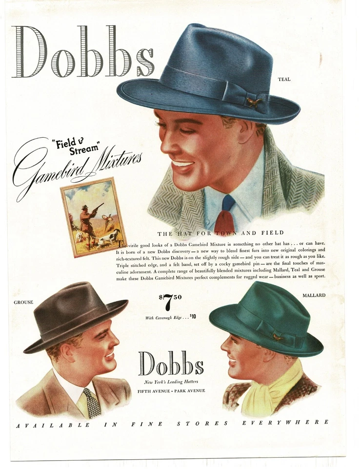 1939 Dobbs Hats Gamebird Mixture colors Teal Grouse Mallard Vintage Print Ad - Image 1 of 1