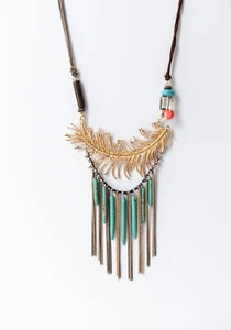 Vintage Boho Bib Necklace Mix-Material Artisan Necklace w Golden Feather Accent - Picture 1 of 9