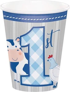Farmhouse Barnyard Farm Animal Kids 1st Birthday Party 9 oz. Paper Cups BOY - Picture 1 of 1