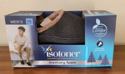 Isotoner 男式生态舒适一脚蹬记忆泡沫增强愈合舒适度。 全新带盒 — 第 1/4 张图片