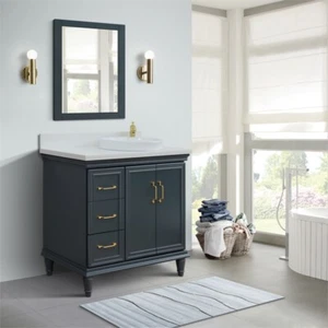 37 in. Single Wooden Vanity Dark Gray White Quartz Round Right Door.Right Sink - Picture 1 of 15