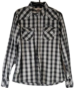 Ed Hardy Mens Large Black Plaid Long Sleeve Snap Embroidered Shirts - Picture 1 of 14