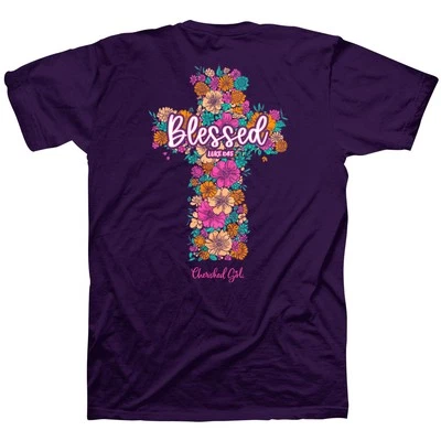 Camiseta para mujer Floral Cross Blessed Luke 1:45 algodón berenjena cuello redondo, 4XL Foto 1 de 4