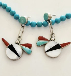 Vintage Handmade ZUNI Old Pawn Sterling & Turquoise THUNDERBIRD Dangle Earrings - Picture 1 of 6