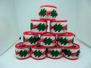 Needlepoint Holly Christmas Napkin Rings Set Of 10 EUC - Picture 1 of 3