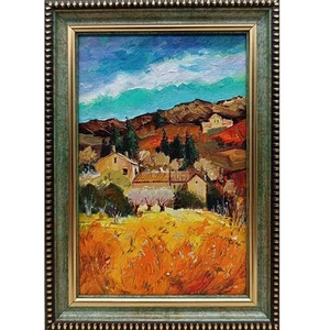 Pintura al óleo original otoño paisaje casa en montañas 4x6 en marco - Imagen 1 de 6