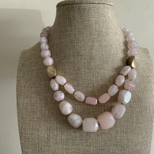 Modern pastel pink plastic and stone quartz beaded two strand necklace - Picture 1 of 6